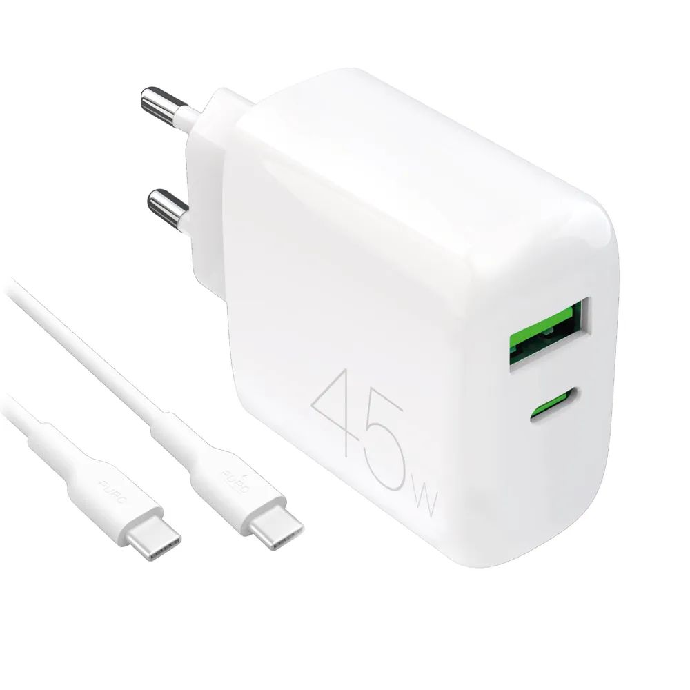 PURO Netzlader, 1x USB-A + 1x USB-C 45W PD, inkl. 1,2m USB-C Kabel