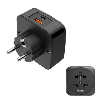 Hama Reiseadapter Typ E/F, 3-polig, Welt nach EU, 1x USB-C, 1x USB-A, PD, 20W, S