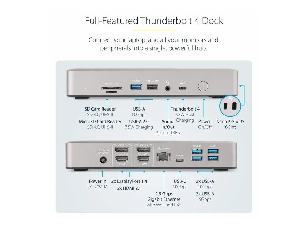 StarTech.com Thunderbolt 4 Multi-Display Docking Station, Quad/Triple/Dual Monitor Dock, 2x HDMI/2x DisplayPort, 7x USB Hub, 2.5 Gigabit Ethernet, 98W Power Delivery, for Windows/MacBook - TB4 Host Cable (132UE-TB4USB4DOCK)