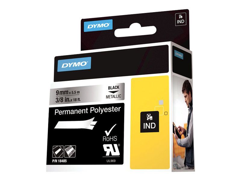 Dymo Polyester - permanenter Klebstoff - Schwarz auf Silber - Rolle (0,9 cm x 5,5 m)