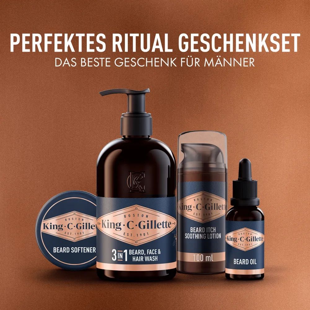 King C. Gillette Geschenkset Bartshampoo +Bartöl + Bartbalsam + Anti-Juckreiz Feuchtigkeitscreme