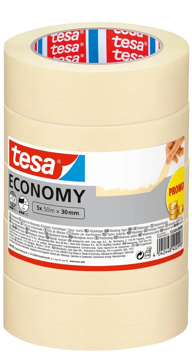 tesa® Malerband ECONOMY – 5er-Pack – Abdeckband für Malerarbeiten