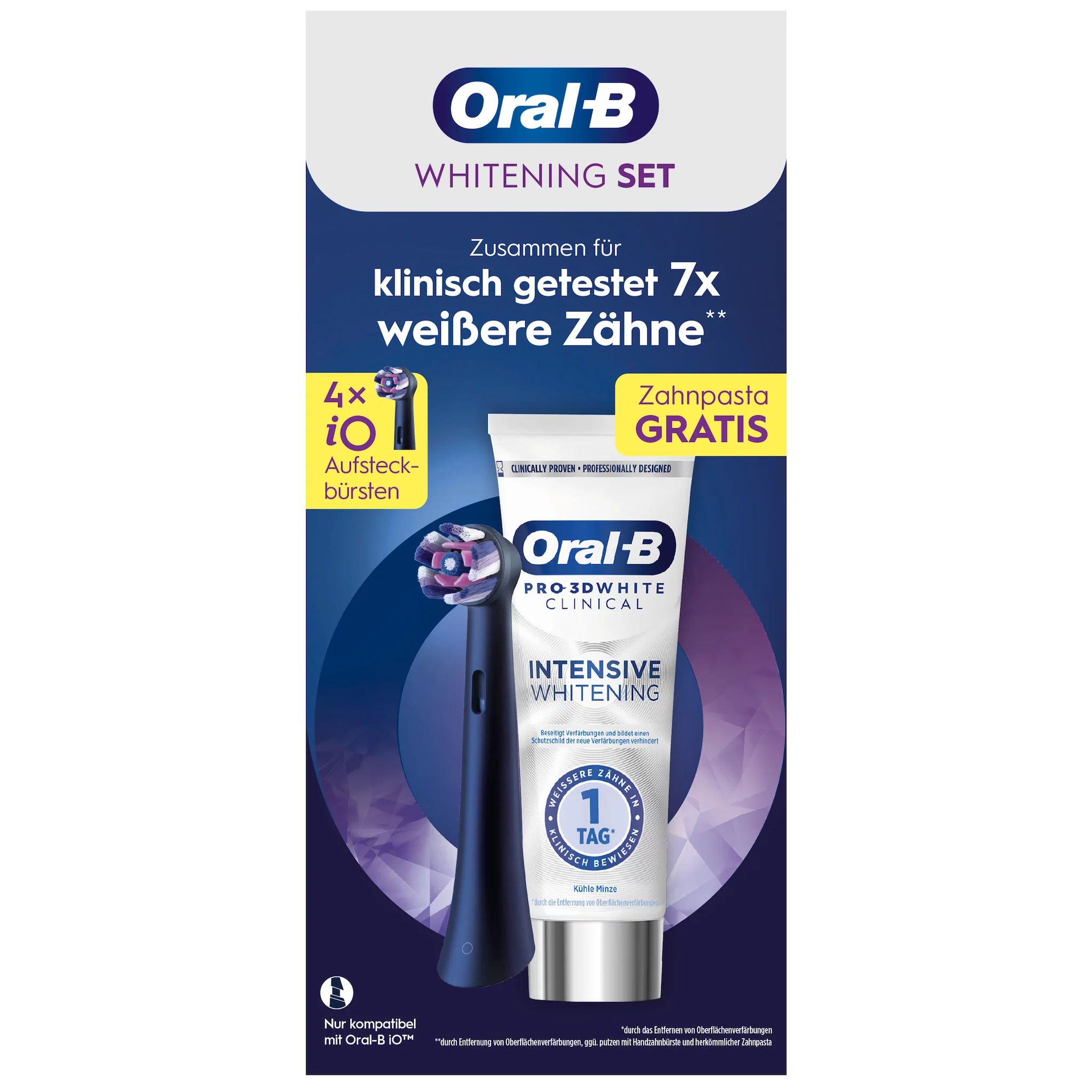 Oral-B iO Radiant White Schwarz 4er + Oral-B 3D White Clinical Kühle Minze Special Pack