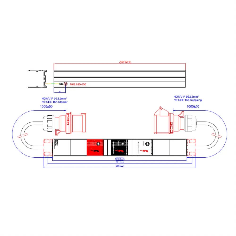 BACHMANN IT PDU Basic Inline SPD, 3ph 3x16A ÜSS 1m H05VV-F 5G2,5mm CEE 16A