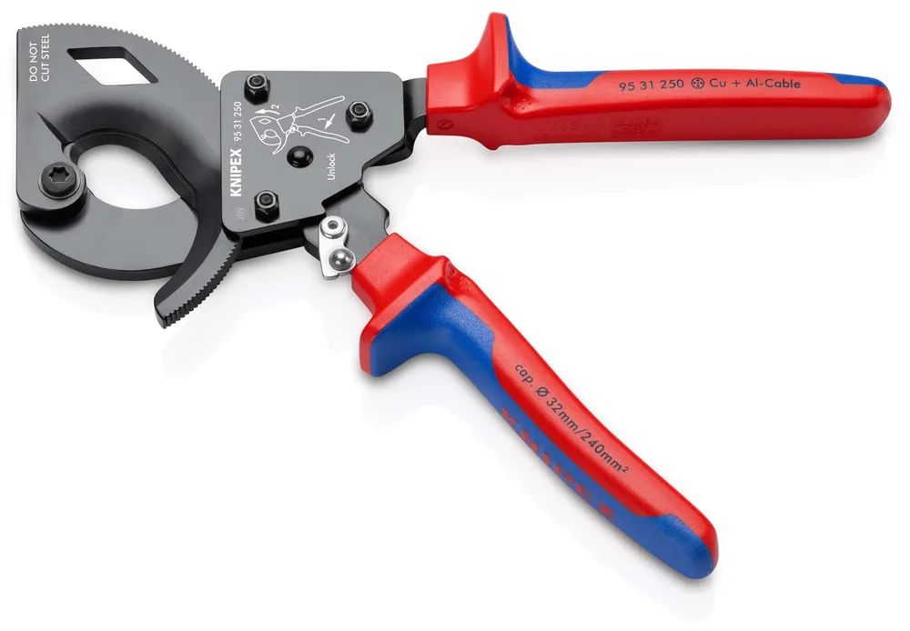 KNIPEX Kabelschneider (Ratschenprinzip) mit Mehrkomponenten-Hüllen schwarz lackiert 250 mm