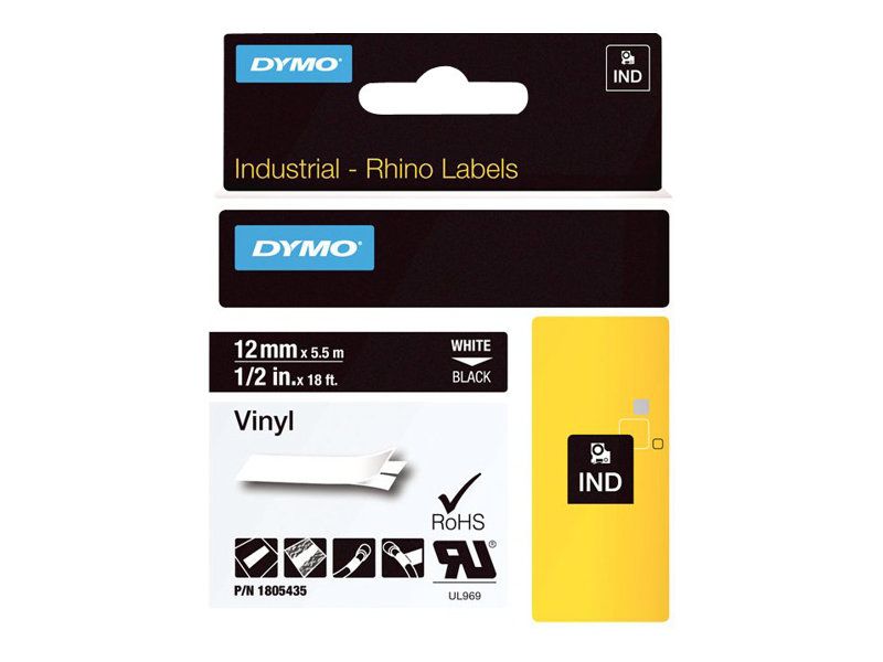 Dymo Rhino Coloured Vinyl - Vinyl - permanenter Klebstoff - Weiß auf Schwarz - Rolle (1,2 cm x 5,5 m)