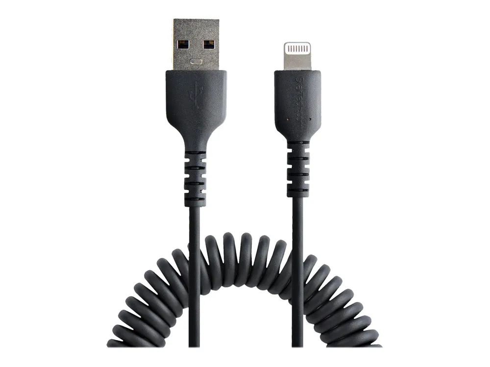 StarTech.com 50cm USB auf Lightning Kabel, Spiralkabel, MFi zertifiziert, Schnellladekabel für iPhone/iPad, Schwarz, robuster TPE Mantel mit Aramidfaser, USB 2.0 Kabel (RUSB2ALT50CMBC)