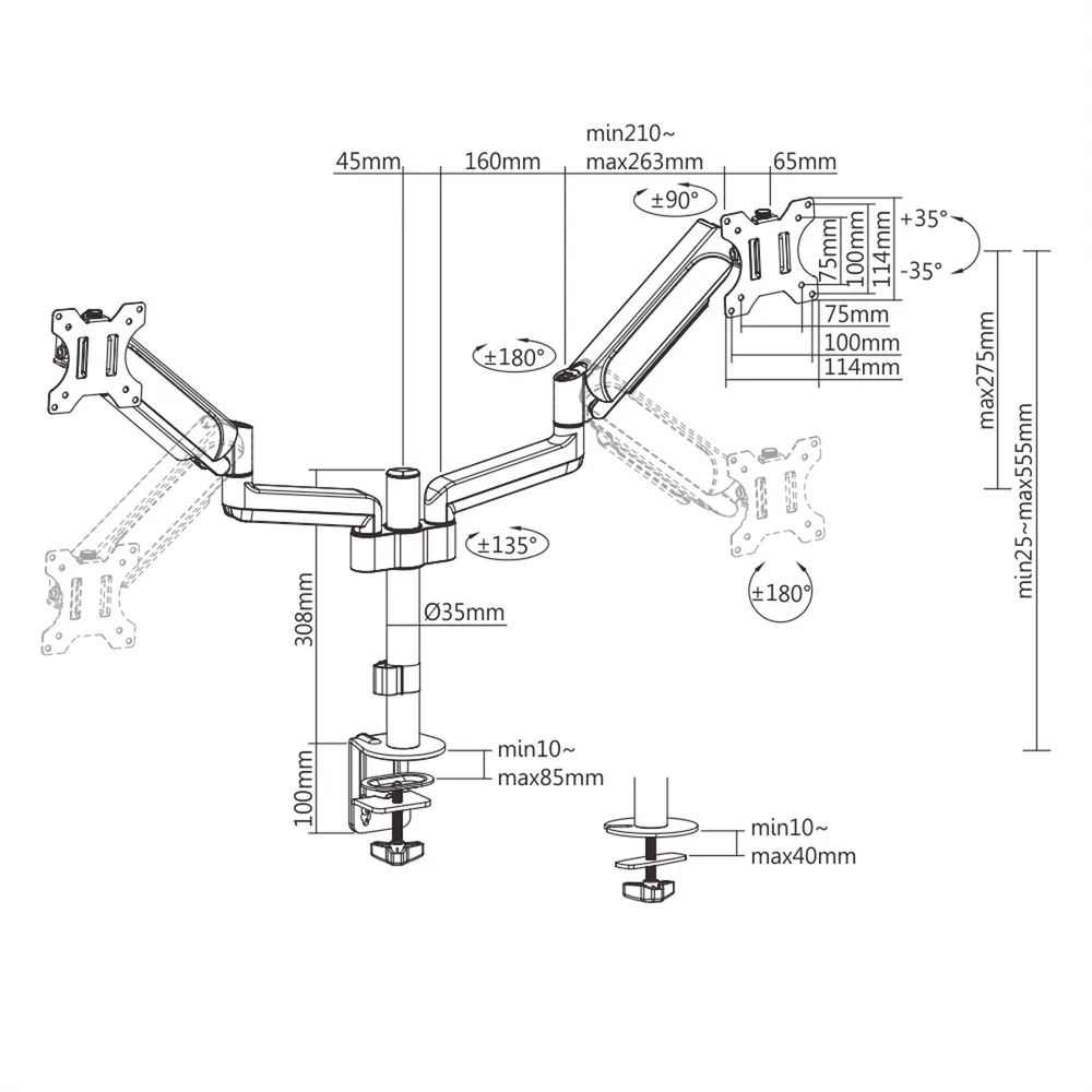 VALUE Dual LCD-Arm Trägerstange, 4 Gelenke, Tischmontage, 17-32 Zoll, bis 2x 9 kg