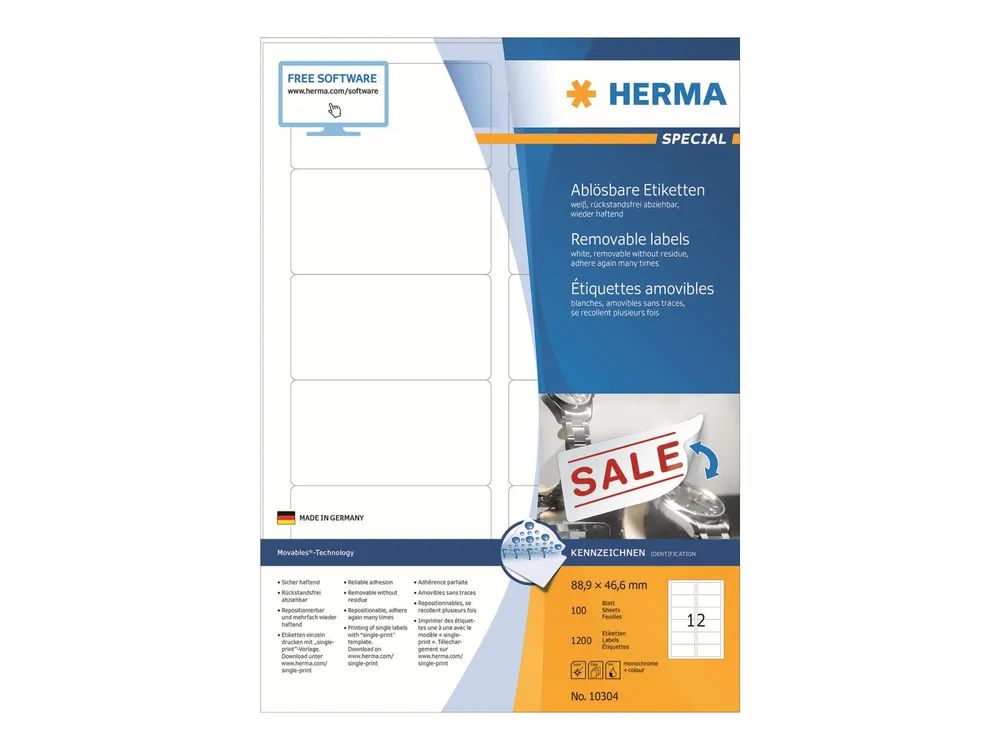 HERMA Special - Papier - matt - selbstklebend, entfernbarer Klebstoff - weiß - 88.9 x 46.6 mm 1200 Etikett(en) (100 Bogen x 12)
