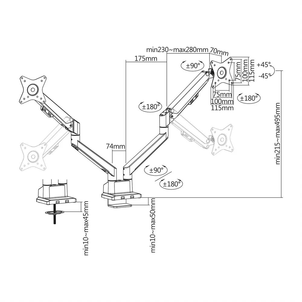 ROLINE LCD-Doppelarm, Tischmontage, Gasfeder, 5 Gelenke, 17-32 Zoll, bis 2x 9 kg, silberfarben