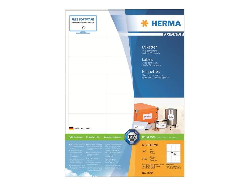 HERMA Premium - Papier - matt - permanent selbstklebend - weiß - 66 x 33.8 mm 2400 Etikett(en) (100 Bogen x 24)