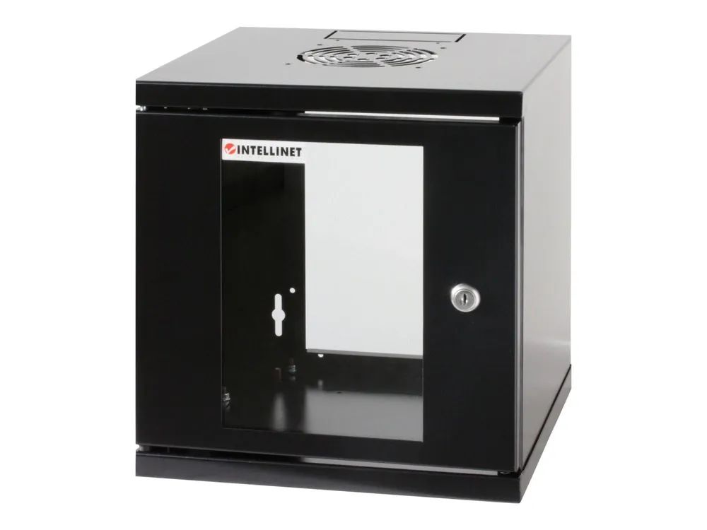 Intellinet Network Cabinet, Wall Mount (Standard), 15U, Usable Depth 500mm/Width 540mm, Black, Assembled, Max 60kg, Metal & Glass Door, Back Panel, Removeable Sides,Suitable also for use on desk or floor,19",Parts for wall install (eg screws/rawl plu