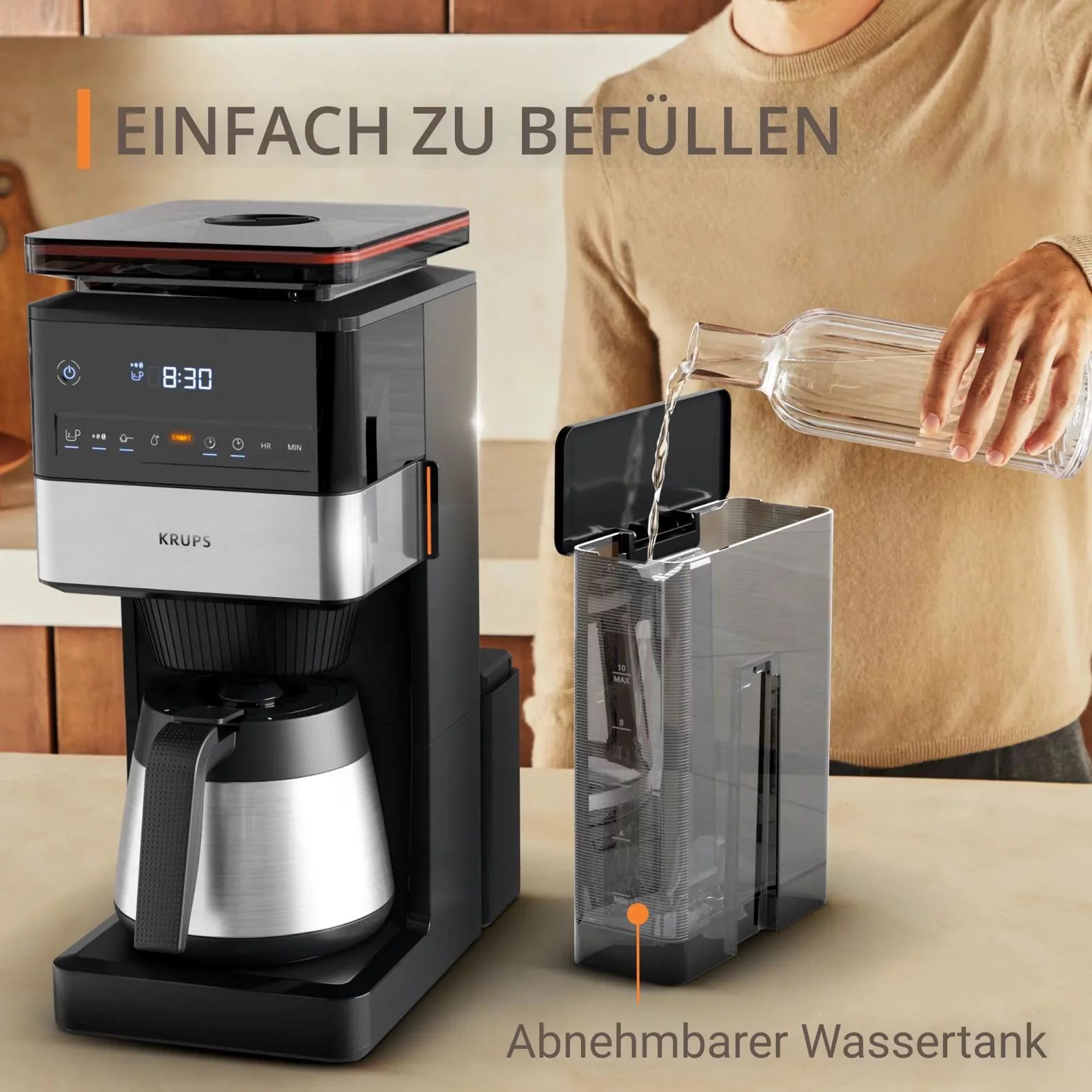 KRUPS KT8428 Filterkaffeemaschine mit Mahlwerk,  Grind Aroma XL Thermobehälter - Schwarz/Edelstahl