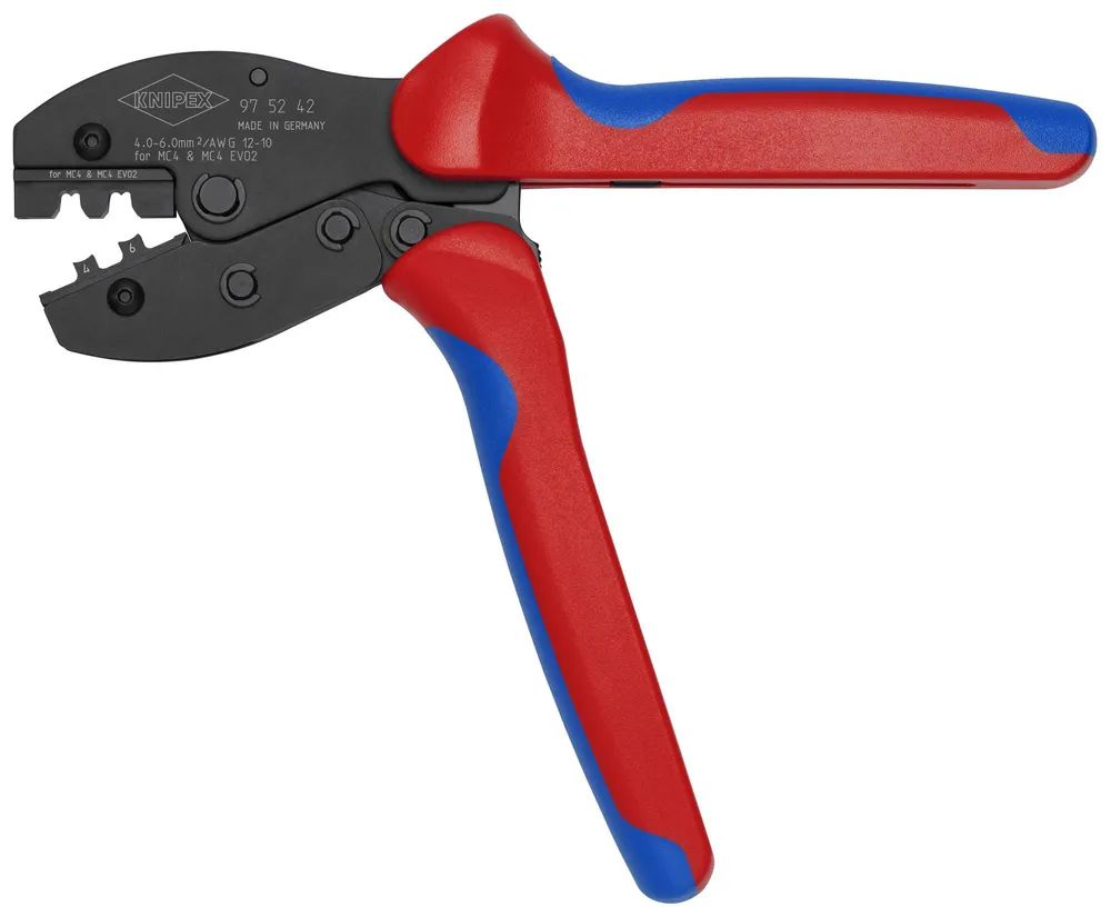 KNIPEX PreciForce® Crimpzange für MC4®-/MC4® EVO 2-Steckverbinder mit rutschhemmenden Kunststoff-Hüllen brüniert 220 mm