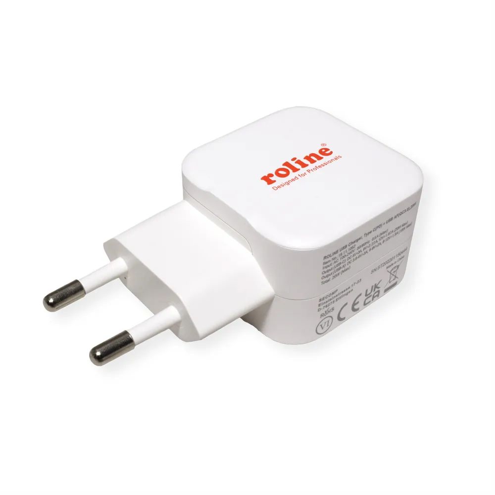 ROLINE USB Charger mit Euro-Stecker, 2 Port (Typ-A QC3.0, Typ-C PD), 20W