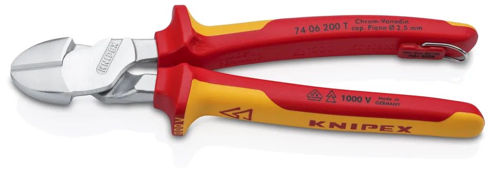 KNIPEX 74 06 200 T Kraft-Seitenschneider isoliert mit Mehrkomponenten-Hüllen und integrierter Befestigungsöse, VDE-geprüft verchromt 200 mm