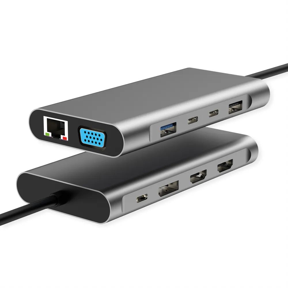 VALUE USB Typ C Dockingstation, 2x HDMI (4K60 und 4K30), 1x DP 4K60, 1x VGA, 1x Gb Ethernet, 2x USB C, 2x USB A (3.2 Gen1 und USB 2.0, 1x Type C PD