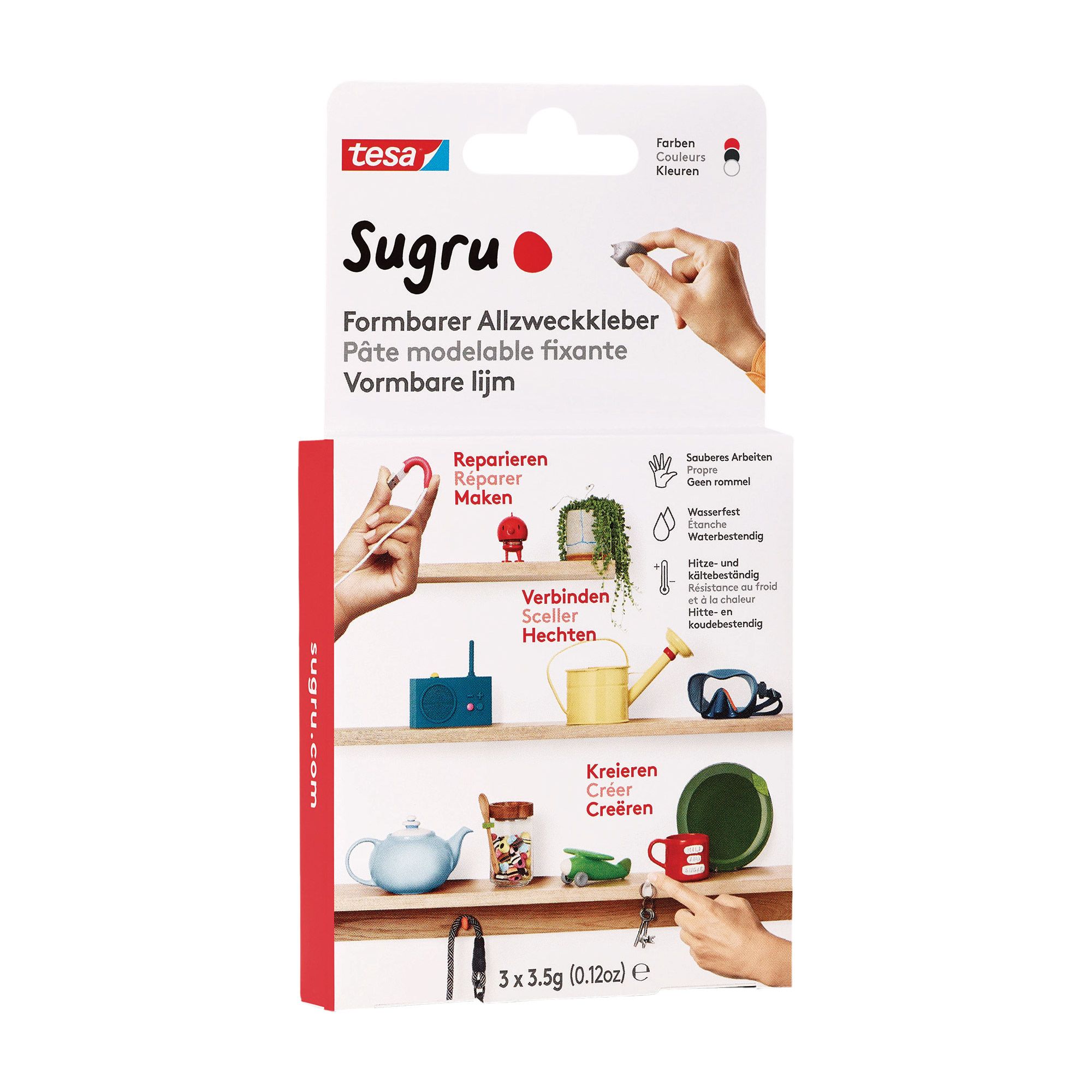 Tesa Sugru formbarer Allzweckkleber 3er Schwarz/Weiss/Rot