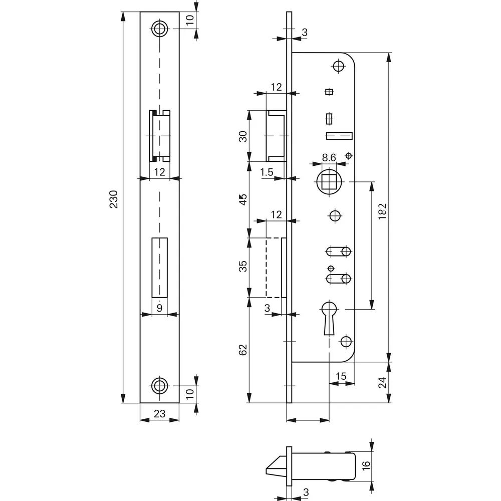ROTO Rohrrahmenschloss Flachstulp m. Falle u. Riegel 852, DM 35, verzinkt silber