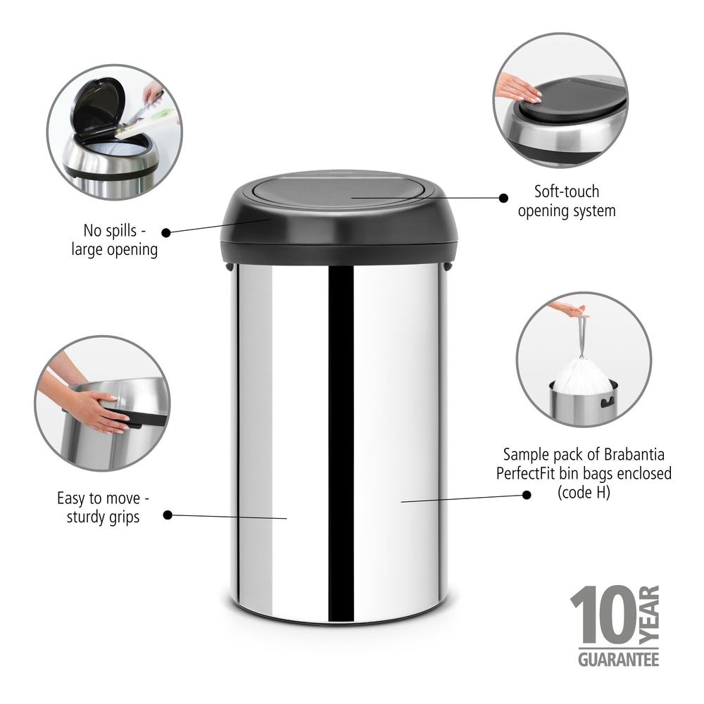 Brabantia Touch Bin, 60L - Brilliant Steel