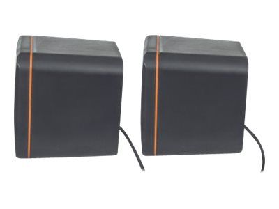 Manhattan 2600 Series Speaker System, Small Size, Big Sound, Two Speakers, Stereo, USB power, Output: 2x 3W, 3.5mm plug for sound, In-Line volume control, Cable 0.9m, Black, Three Year Warranty, Box