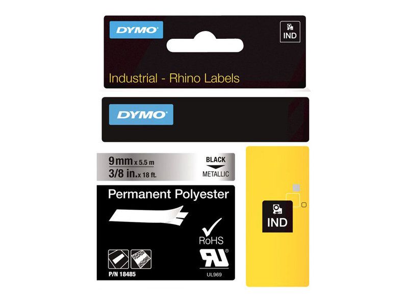 Dymo Polyester - permanenter Klebstoff - Schwarz auf Silber - Rolle (0,9 cm x 5,5 m)