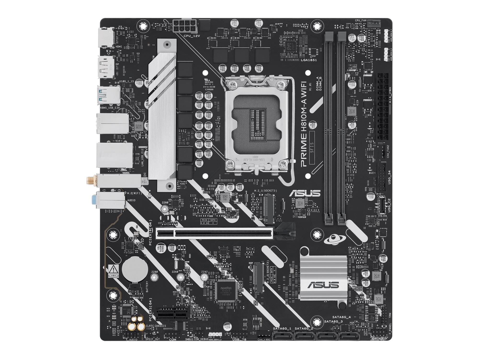 ASUS PRIME H810M-A WIFI - Motherboard - micro ATX - LGA1851-Sockel - H810 Chipsatz - USB-C 3.2 Gen 1, USB 3.2 Gen 2, USB 3.2 Gen 1 - Gigabit LAN, Wi-Fi 6, Bluetooth - Onboard-Grafik (CPU erforderlich)