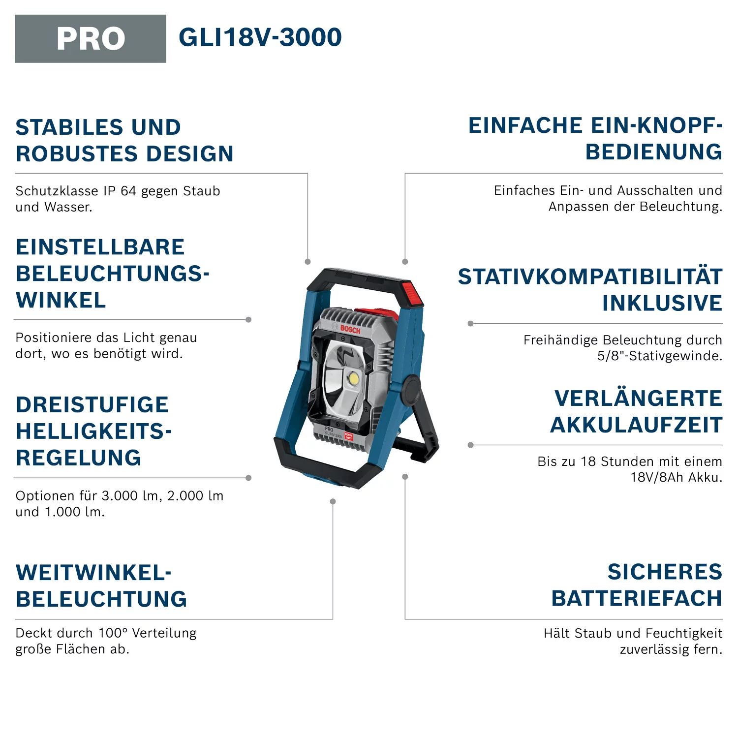 Bosch GLI18V-3000 Akku-Bauleuchte - 3000lm solo