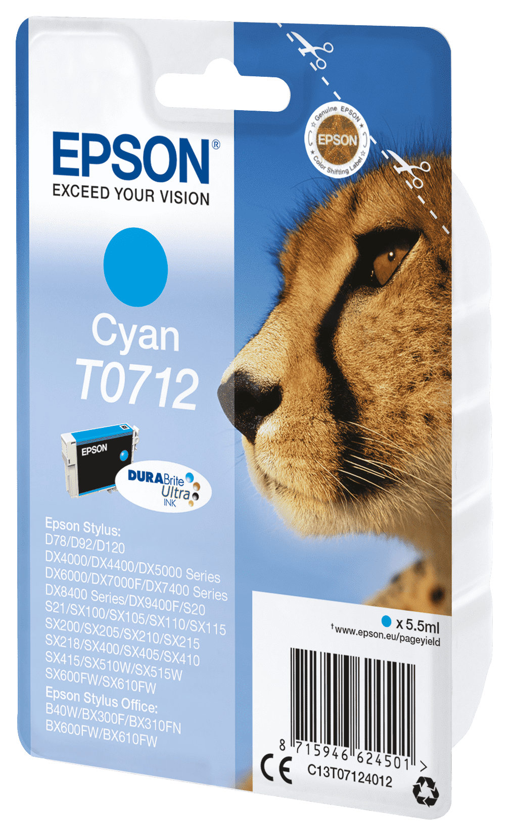 Epson T0712 Tinte Gepard Single, Standard, cyan