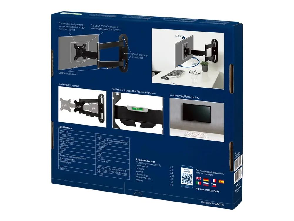 Arctic W1C - Befestigungskit (Gelenkarm, VESA-Adapter) - für Monitor - ADC12 Aluminiumlegierung - Bildschirmgröße: up to 109.2 / 124.5 cm (ultra-wide)