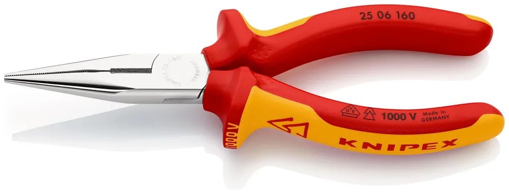 KNIPEX 25 06 160 T Flachrundzange mit Schneide (Radiozange) isoliert mit Mehrkomponenten-Hüllen, VDE-geprüft verchromt 160 mm