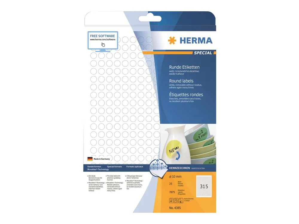 HERMA Special - Papier - matt - selbstklebend, entfernbarer Klebstoff - weiß - 10 mm rund 7875 Etikett(en) (25 Bogen x 315)