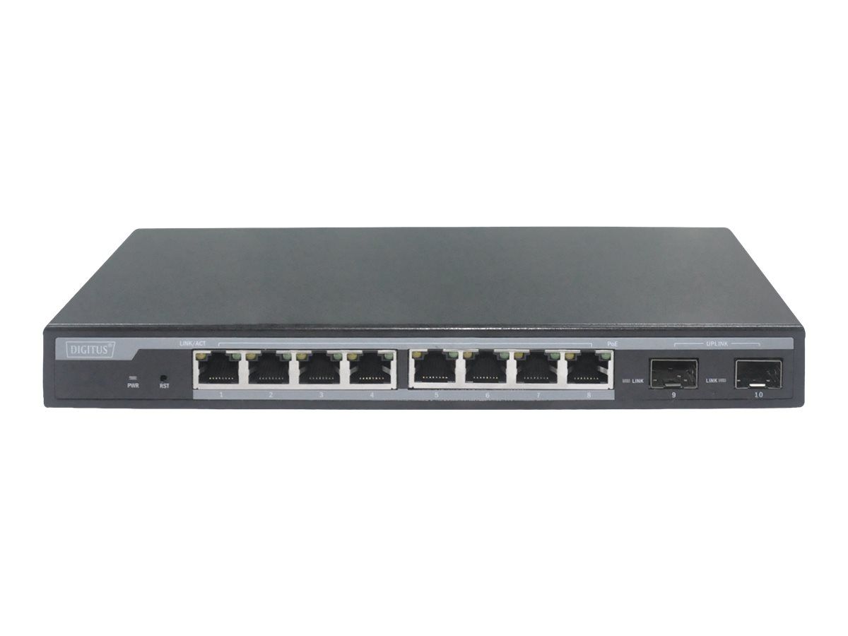 DIGITUS 8-Port Gigabit PoE Netzwerkswitch, Desktop, L2 managed, 2 Uplinkports, SFP, 86 W, af/at