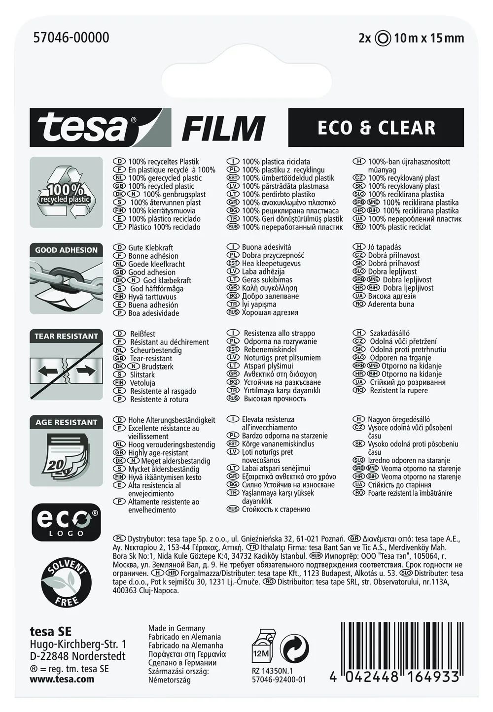 tesa® Klebefilm ECO&CLEAR 10m x 15mm, Doppelpack mit Abroller