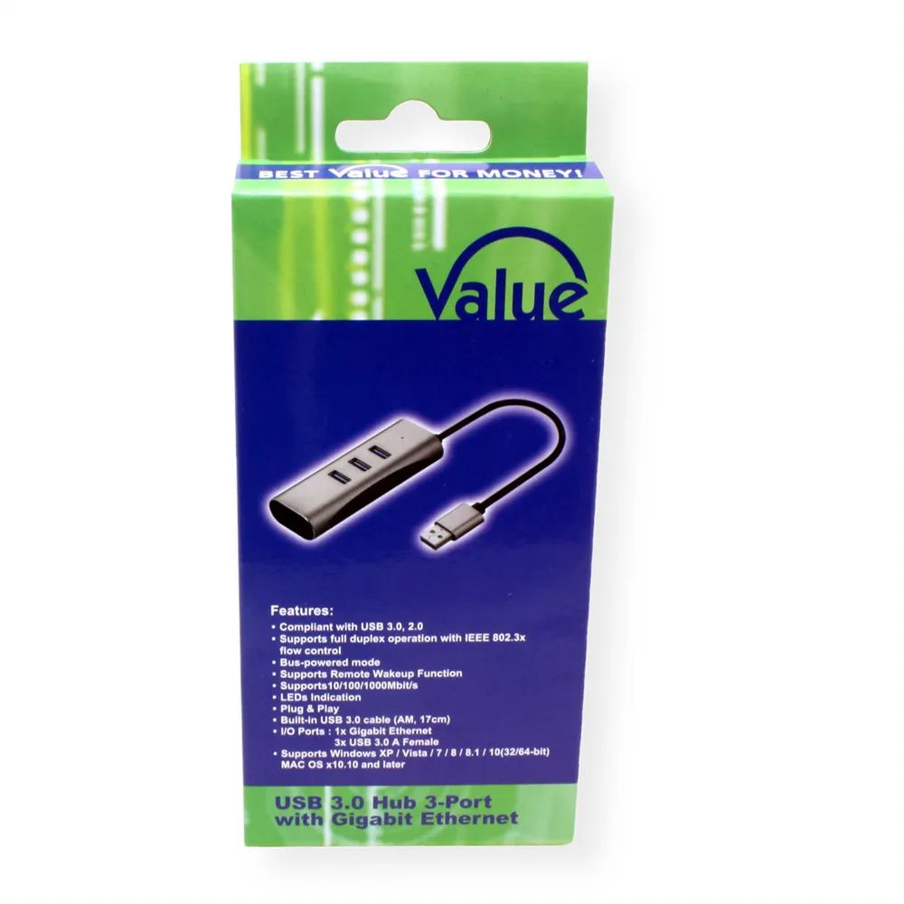 VALUE USB 3.2 Gen 1 zu Gigabit Ethernet Konverter + 3-Port USB Hub