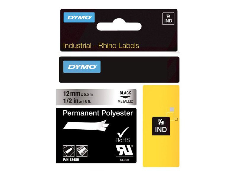 Dymo Polyester - permanenter Klebstoff - Schwarz auf Silber - Rolle (1,2 cm x 5,5 m)