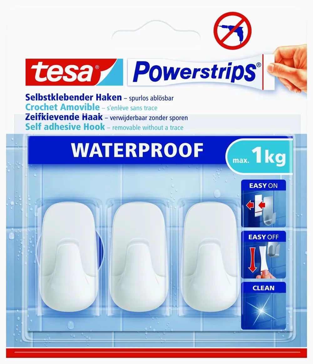 tesa® Powerstrips® Waterproof Haken S – weiß – wasserfest – bis 1 kg Tragkraft