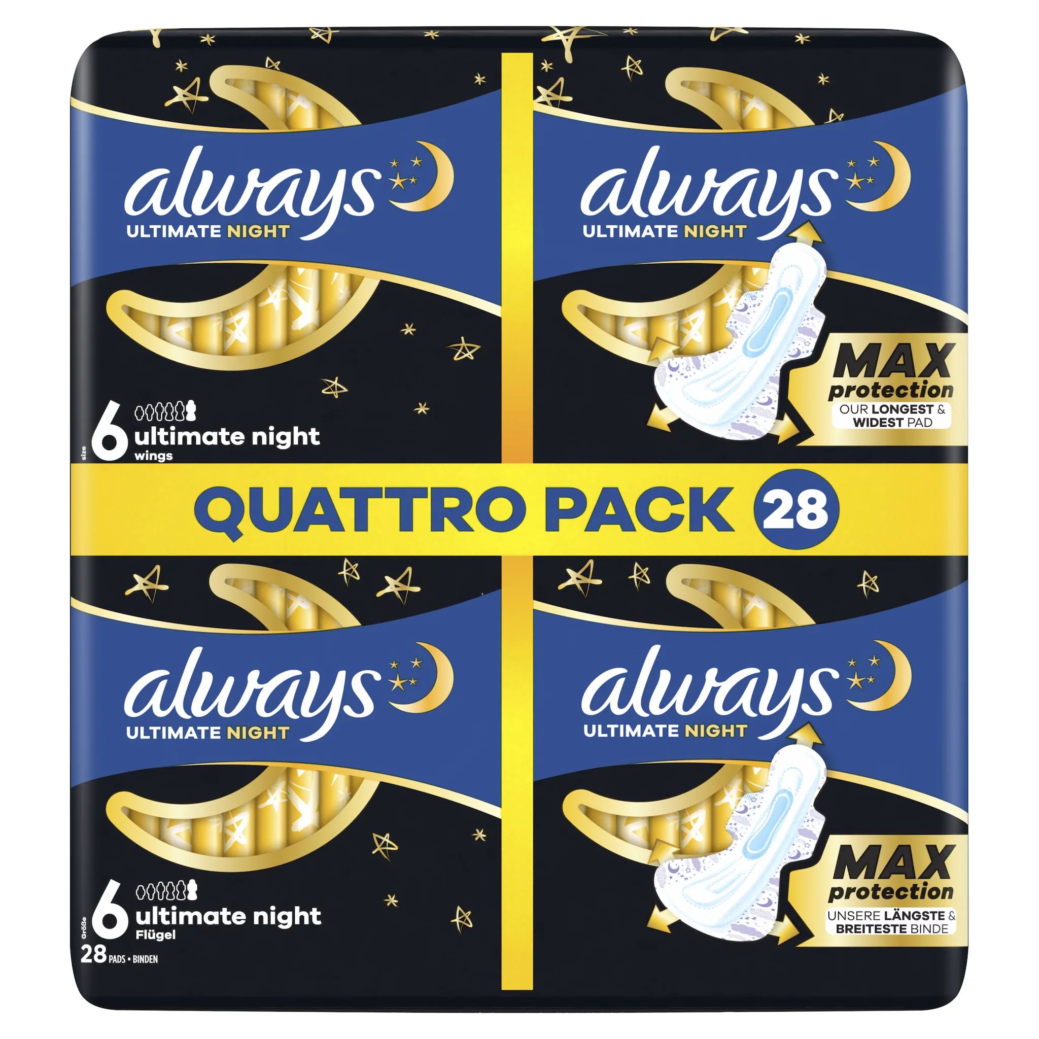 always Binde Ultimate Night Max Protection mit Flügeln Quattropack 28
