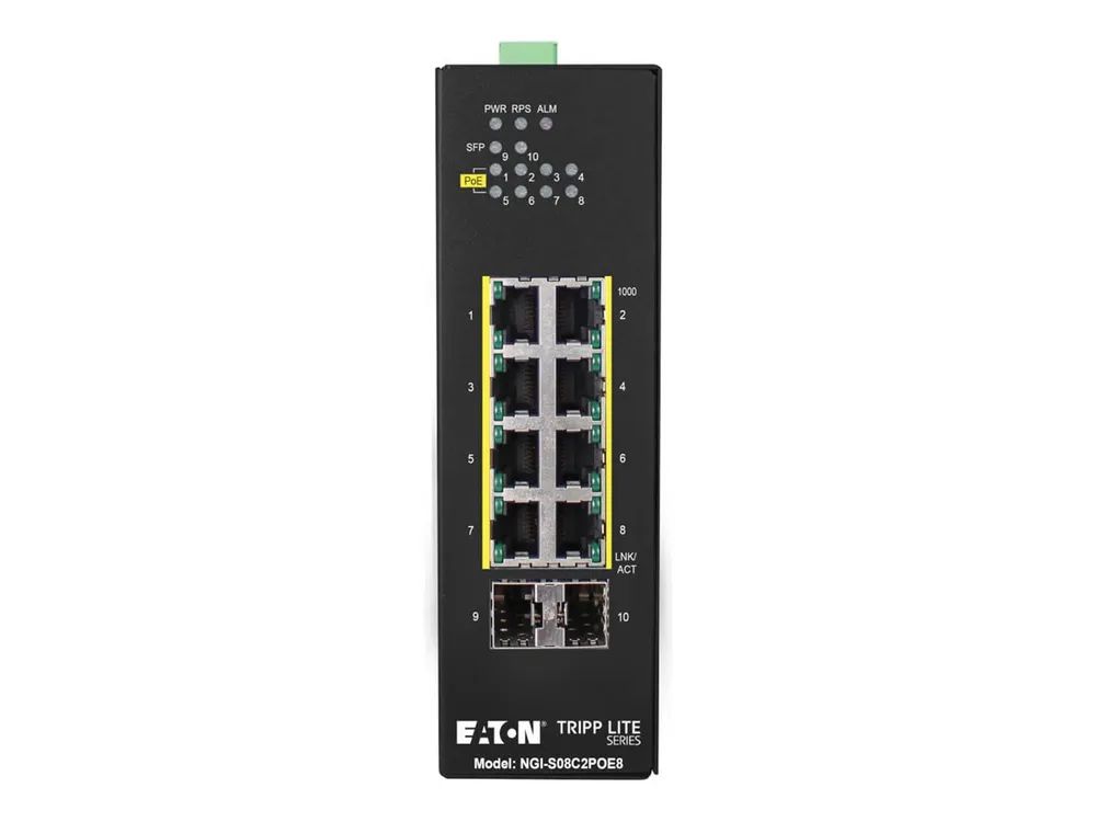 Tripp Eaton Tripp Lite series 8-Port Lite Managed Industrial Gigabit Ethernet Switch - 10/100/1000 Mbps, PoE+ 30W, 2 GbE SFP Slots, -10° to 60°C, DIN Mount - Switch - Smart - 8 x 10/100/1000 (PoE+)
