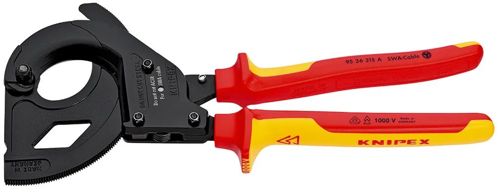 KNIPEX Kabelschneider (Ratschenprinzip) für stahlarmierte Kabel (SWA-Kabel) isoliert mit 2K-Hüllen, VDE-geprüft schwarz lackiert 315 mm