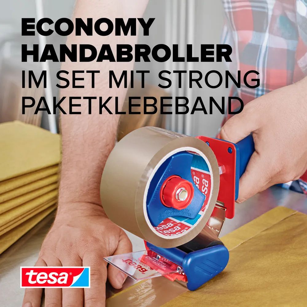 tesa® Tesapack Strong + Handabroller – Set mit 1 Rolle Paketband – Braun – 66 m x 50 mm – Vorteilspa