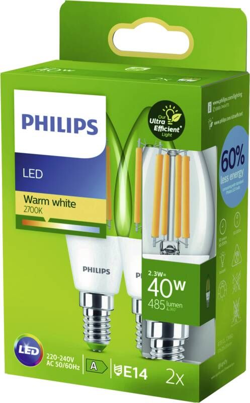 Philips LED CLA 40W B35 E14 2700K CL UE 2PF/SRT 2-er Pack