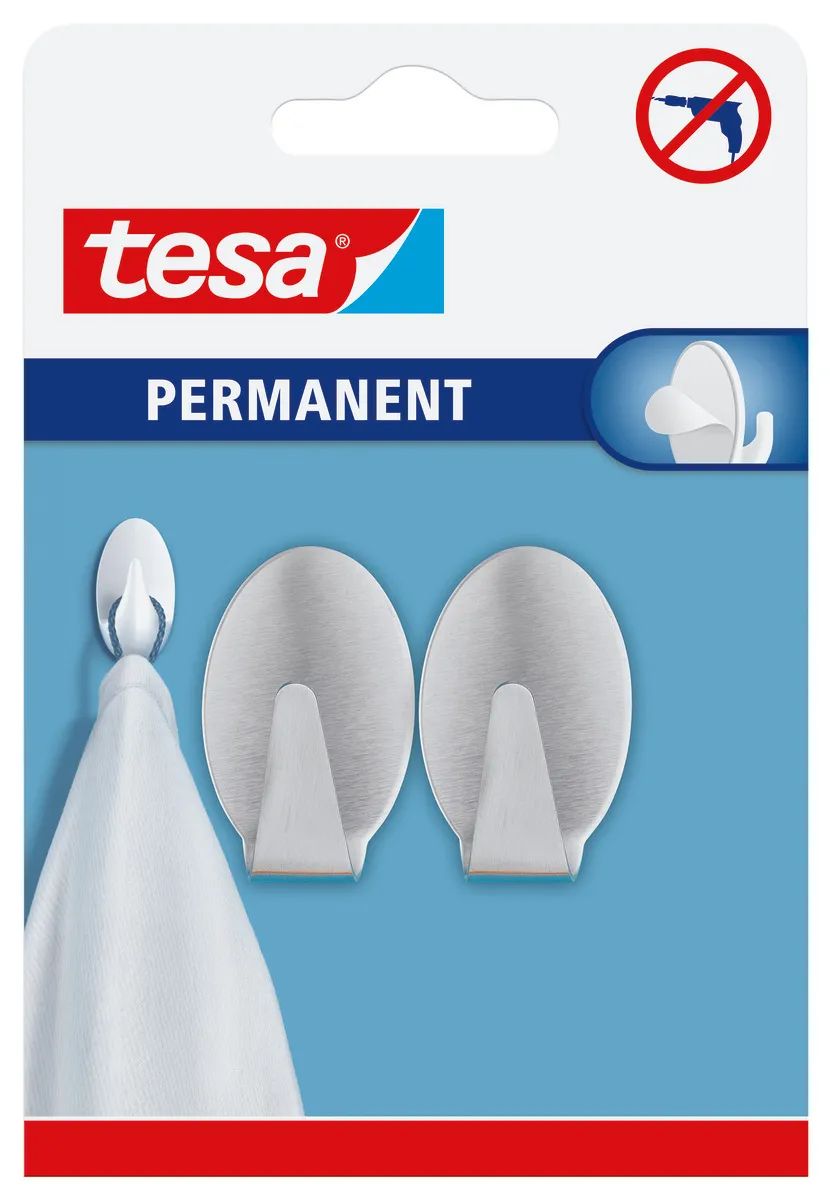 tesa® Metallhaken Oval L – selbstklebend – bis 3 kg Tragkraft – Edelstahl