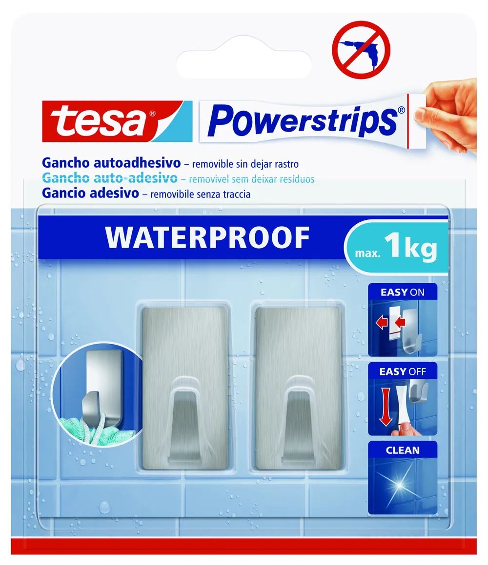 tesa® Powerstrips® Waterproof Haken S Rechteckig, Metalloptik