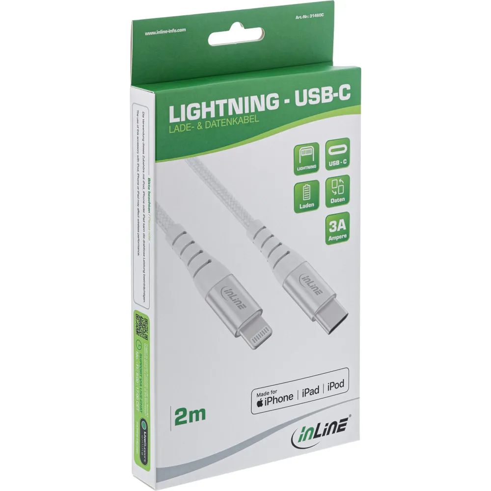 InLine USB-C Lightning Kabel - für iPad - iPhone - iPod - silber/Alu - 2m MFi