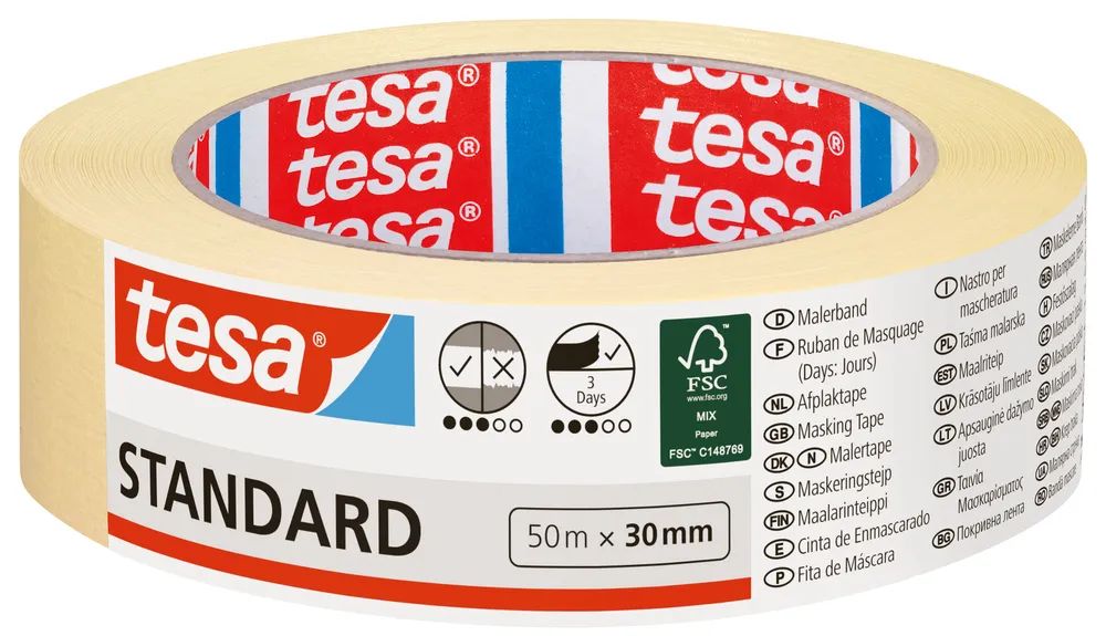 tesa® Malerband Standard – 50 m x 30 mm – zuverlässiges Abdeckband für Malerarbeiten