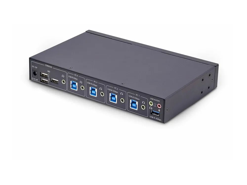 StarTech.com 4-Port KM Switch with Mouse Roaming, USB Switch for Keyboard/Mouse, 3.5mm and USB Audio, Peripheral Sharing for 4 Computers, USB 3.0 Switcher, TAA Compliant - Hotkey/Pushbutton Switching (P4A20132-KM-SWITCH)