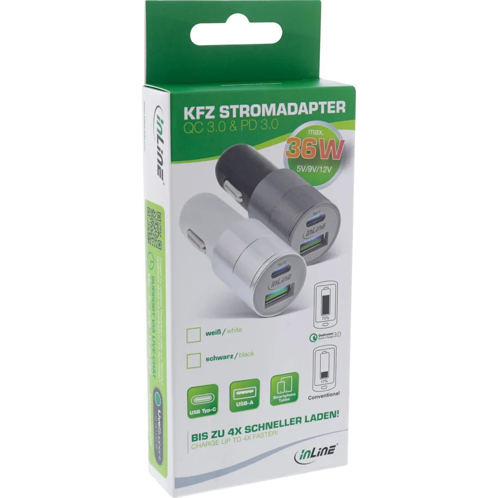InLine USB 36W KFZ Ladegerät QC 3.0 - USB-A + USB-C - PD 3.0 - 12/24V DC - weiß