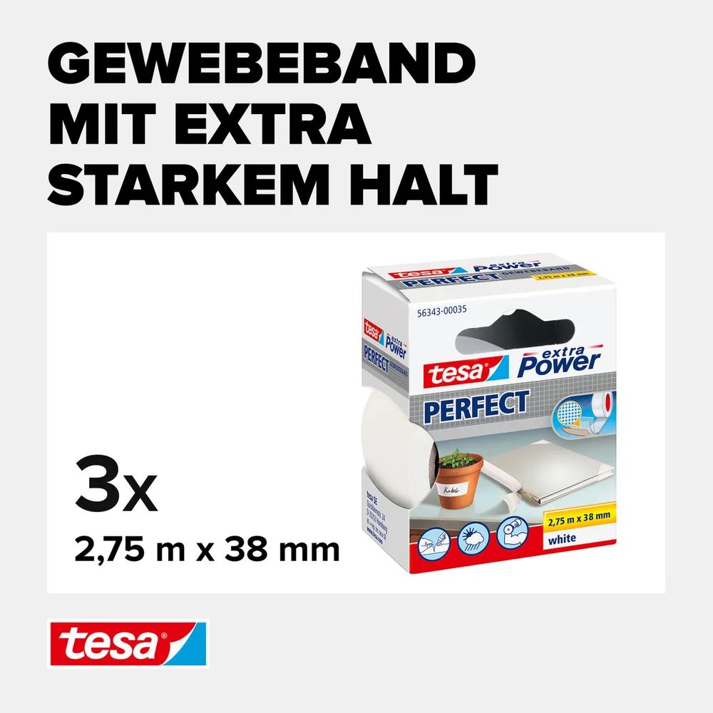 tesa® EXTRA POWER PERFECT Gewebeband weiß, Dreierpack, Ductape
