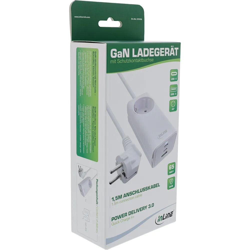 InLine USB Netzteil - GaN Ladegerät - 2x USB-C - 1x USB-A - mit Schutzkontaktbuchse